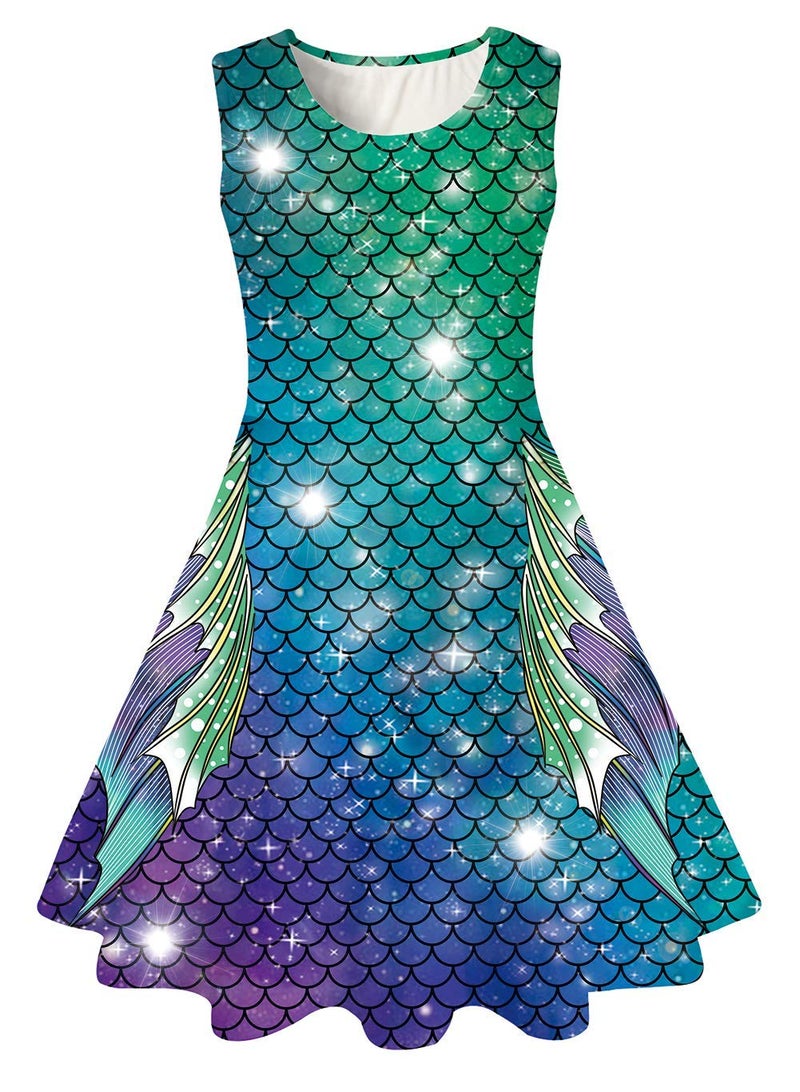 Funnycokid Mermaid Dress Girls Dresses Kids Summer Sleeveless Sundress Size 6-7 Birthday Party Outfit Twirly Clothes 6 7 Years Green - Image 1